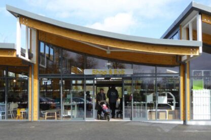 Photo of front of triple span canopy visitor centre