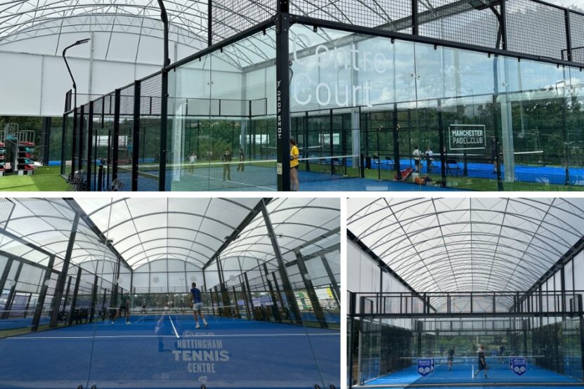 Picture shows three different pictures of various padel courts