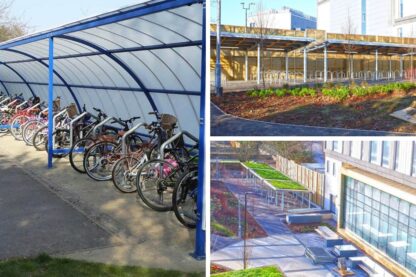 Picture shows three different bike shelters one picture has a bike shelter with a green growing roof