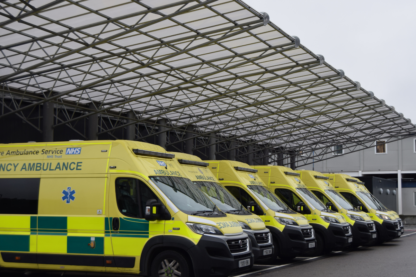 Picture shows the Hull Royal Infirmary striking free standing 10m x 35m long ambulance bay shelter for crew to arrive, depart and work under in all weathers.