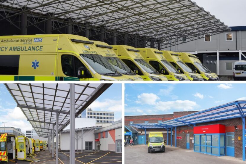 Picture show three different ambulance bay canopies across the UK