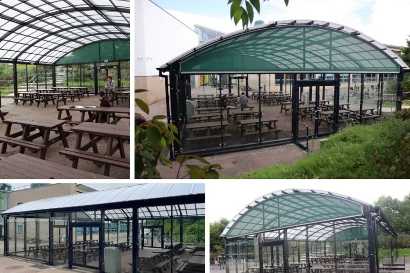 Picture shows the new Bristol MET dining canopy from both outside and inside. Shows the new glass and black metal structure and roof