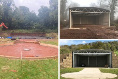 Images show three different pictures of the helicopter bunker being created.