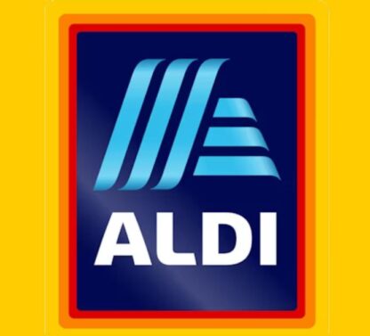 Pictures show new ALDI logo on a yellow background colour