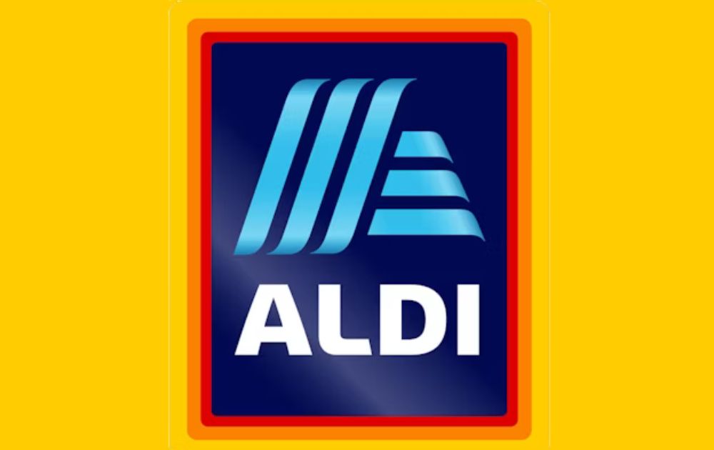 Pictures show new ALDI logo on a yellow background colour