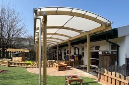 Picture shows new outdoor learning and play area at Watcombe Children’s Centre Nursery with its new canopy provided by Fordingbridge