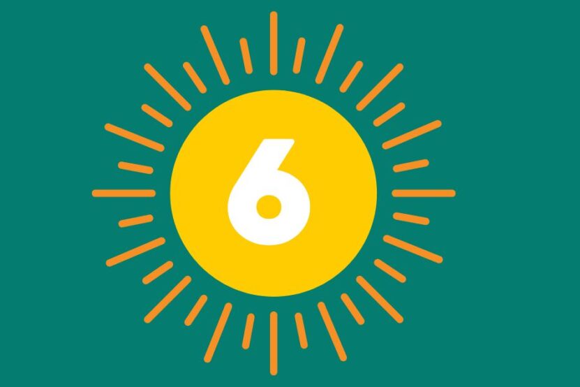 Image shows a drawn sun with rays with a number 6 in the middle of it,