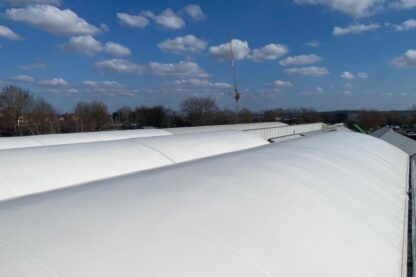 Picture shows the extent of the new outer roof sheet to the garden centre’s vast four span dining canopy,