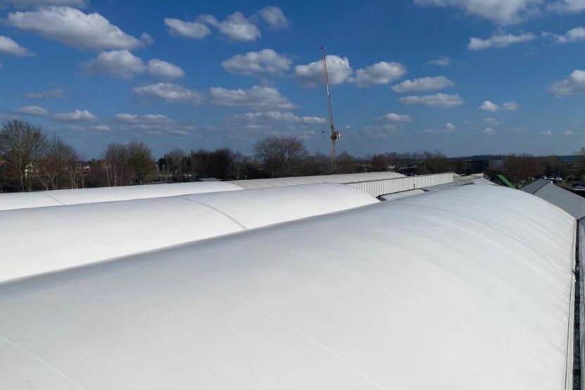 Picture shows the extent of the new outer roof sheet to the garden centre’s vast four span dining canopy,