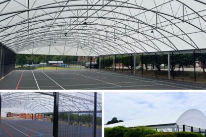 Picture show a montage of three pictures showing the newly covered sports area - the MUGA) at St Dominic's School