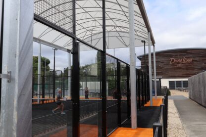 Picture shows side of new Padel Court Canopy roof line at David Lloyd Leisure in Farnham