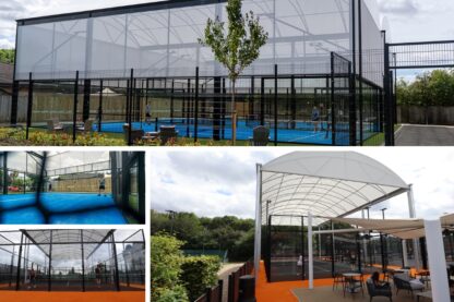 Picture shows for pictures two showing the new Bannentyne Padel courts a side view and a picture shot through the net and the other two pictures show the new Padel Courts at David Lloyd , a side view and the shot showing seating area.