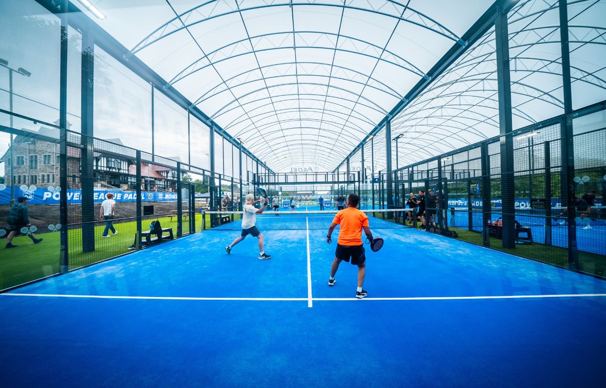 Picture show people playing padel in the new Powerleague Padel courts. Picture shows off the new Padel canopy.