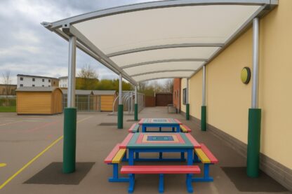 Picture shows the new outdoor learning space created for Forest & Sandridge Primary School. In the picture shows a colourful table with seating around it.