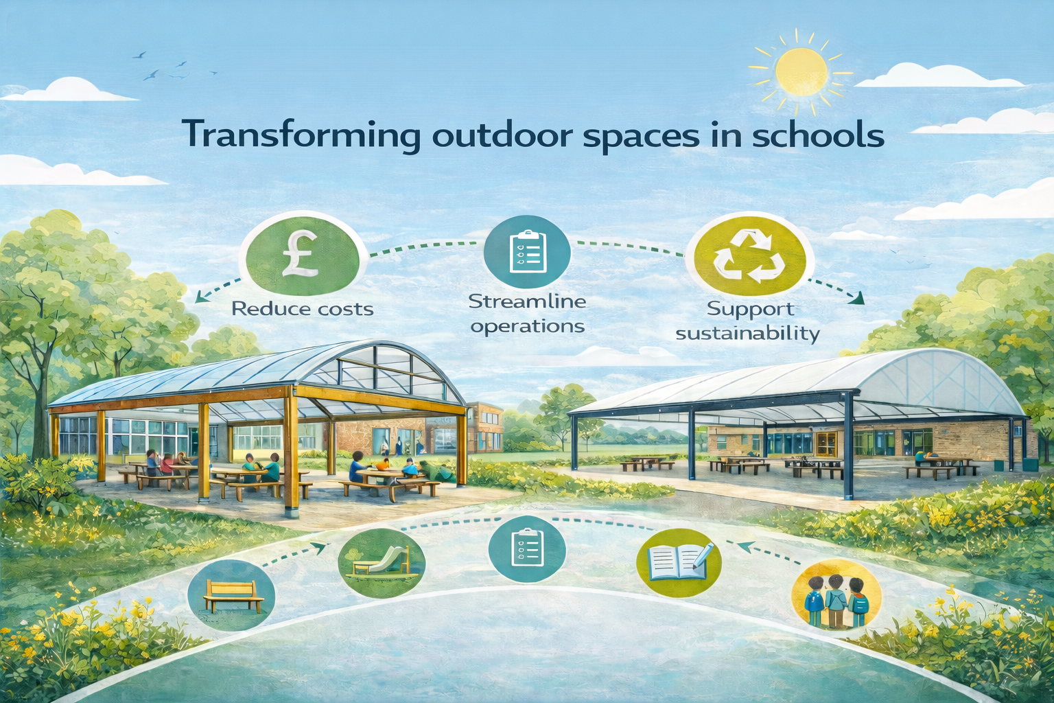 Illustrated graphic titled “Transforming Outdoor Spaces in Schools” showing two school canopies creating covered dining and learning areas, with icons highlighting cost reduction, streamlined operations and sustainability benefits.
