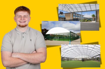 Education specialist with examples of Fordingbridge MUGA canopies for schools and all-weather sports facilities.