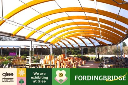 Fordingbridge garden centre canopy covering outdoor plant displays, promoting the team’s exhibition at Glee 2026